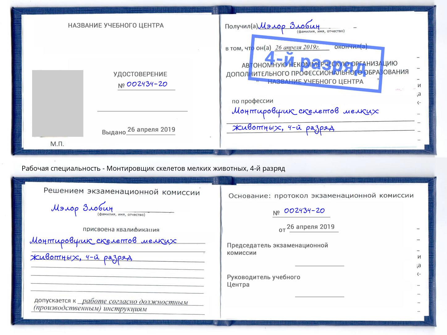 корочка 4-й разряд Монтировщик скелетов мелких животных Ростов-на-Дону