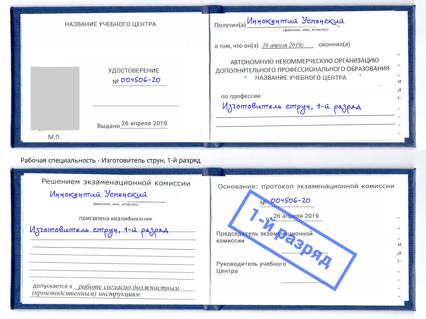корочка 1-й разряд Изготовитель струн Ростов-на-Дону